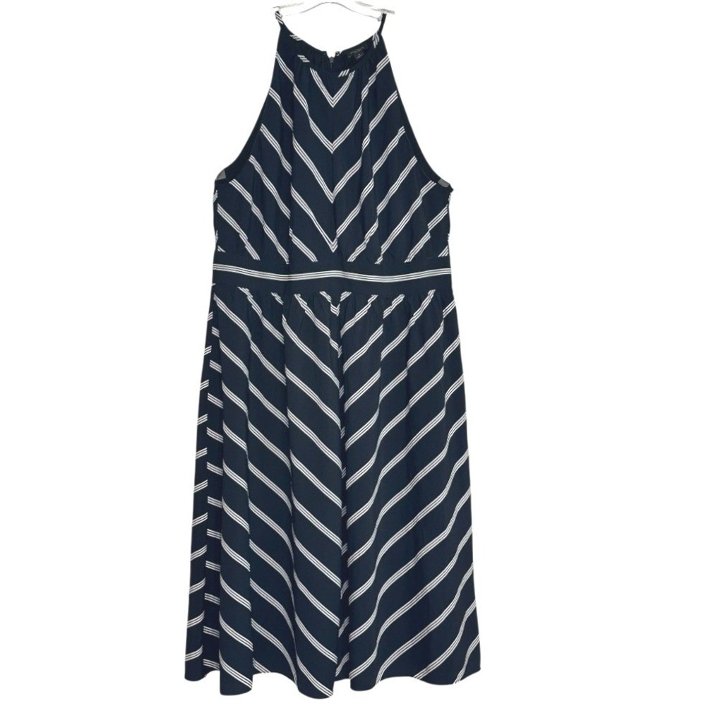 Ann Taylor Factory Halter Dress Womens Navy Blue Chevron Stripe Nautical 14